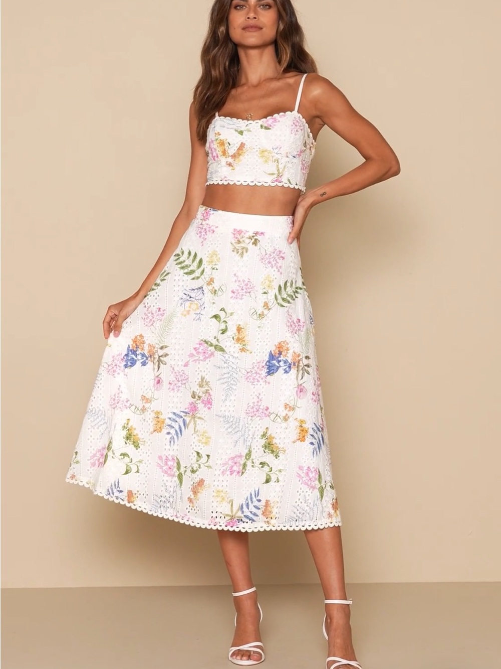NWT Lulus Sweet At Heart White Floral Embroidered Two-Piece Midi Dress